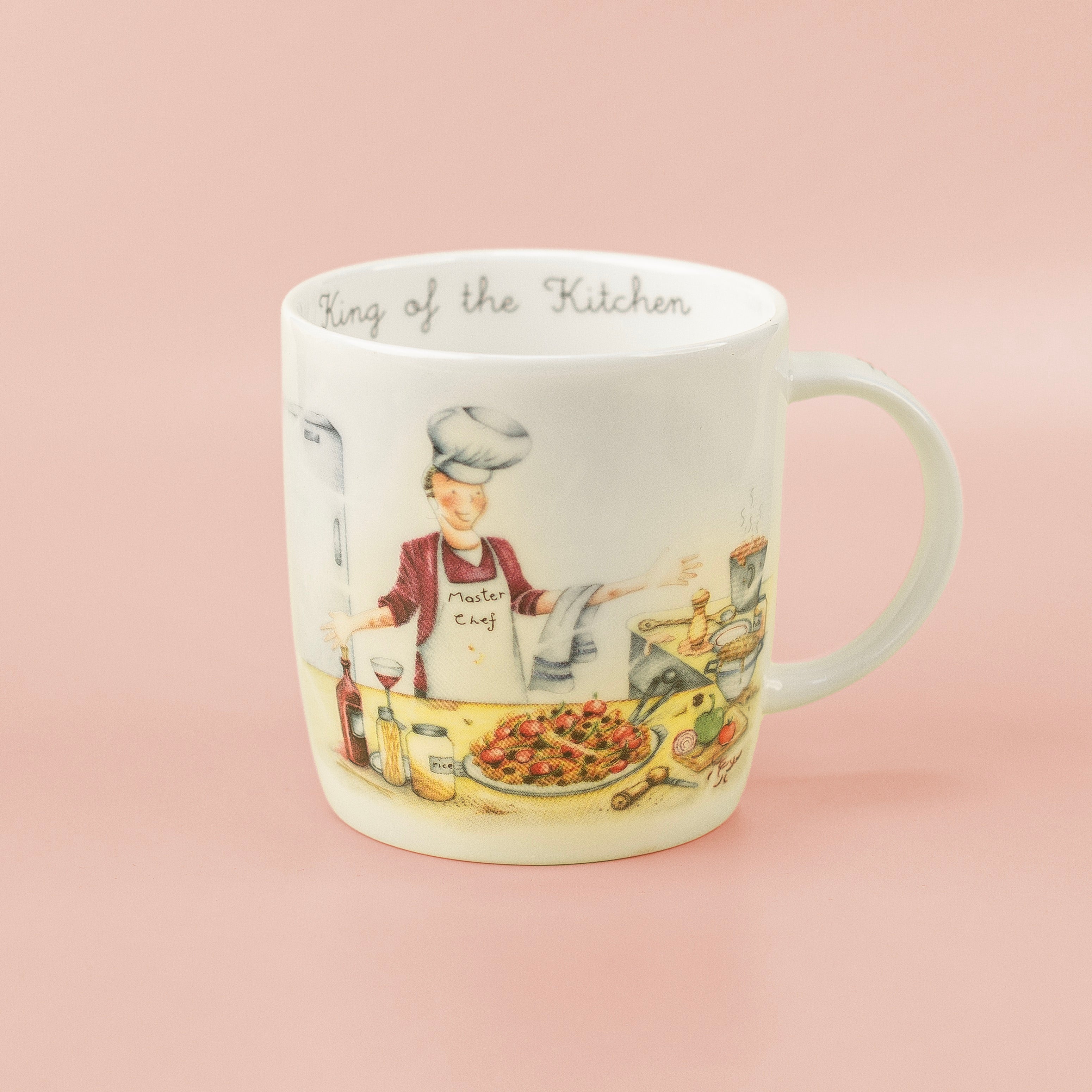 A fine china mug with an illustration of a chef and the text 'King of the Kitchen' on the side.