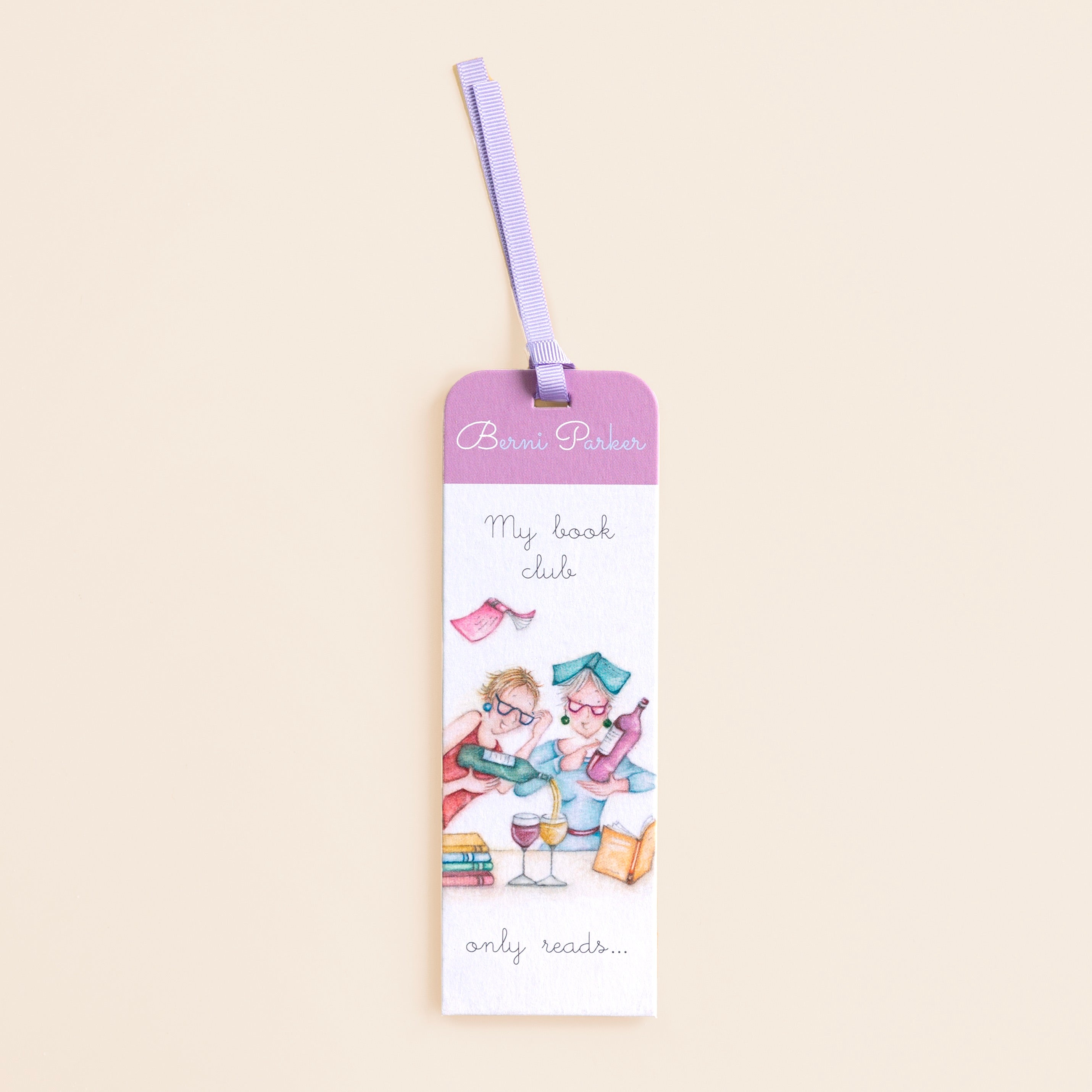 A bookmark with an illustration of a bookshelf, books, and a cup, with a decorative purple ribbon at the top, and the text 'My book club only reads'