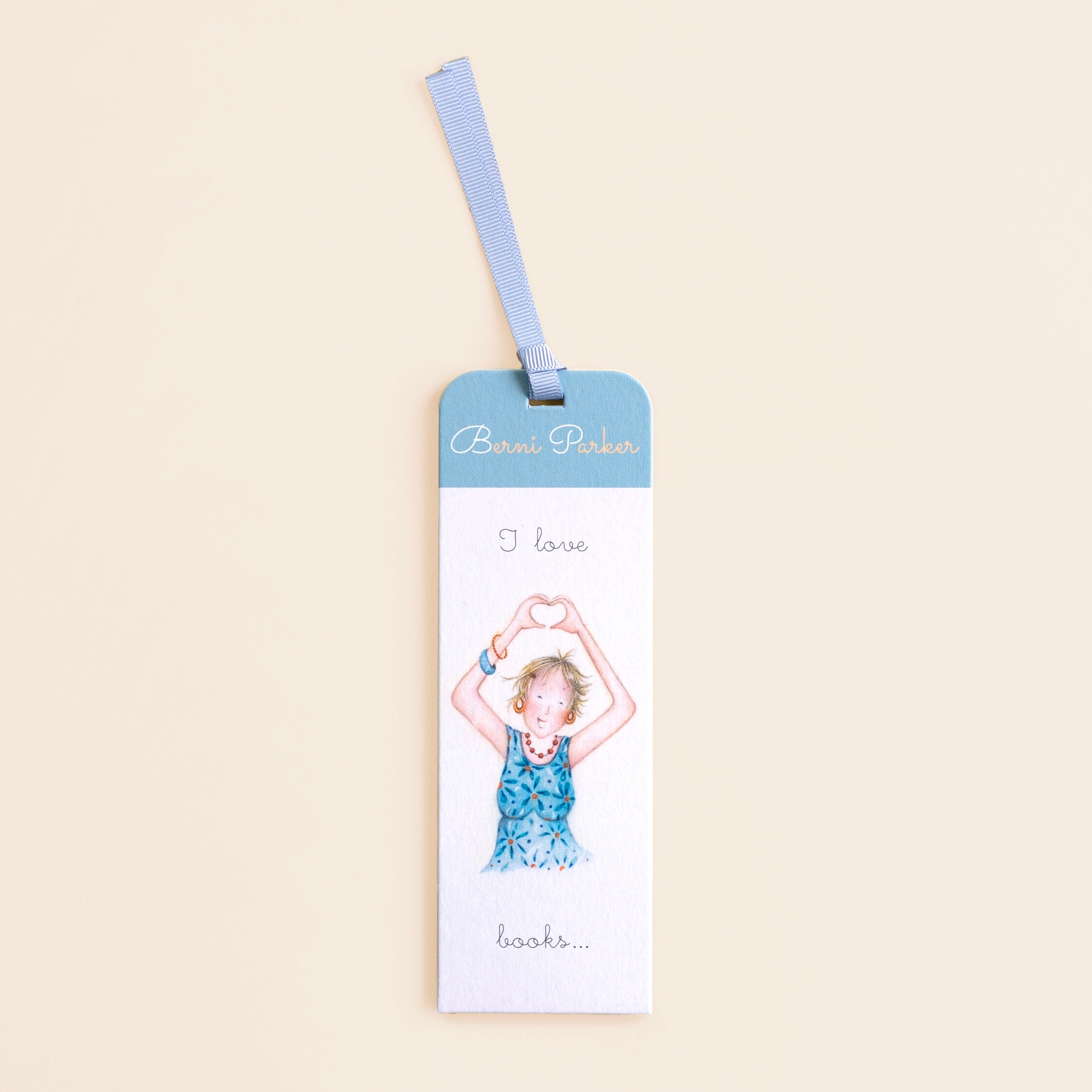 A bookmark with a blue ribbon on top and an illustration of a women making a heart shape with her hands. The text reads 'I love books'.