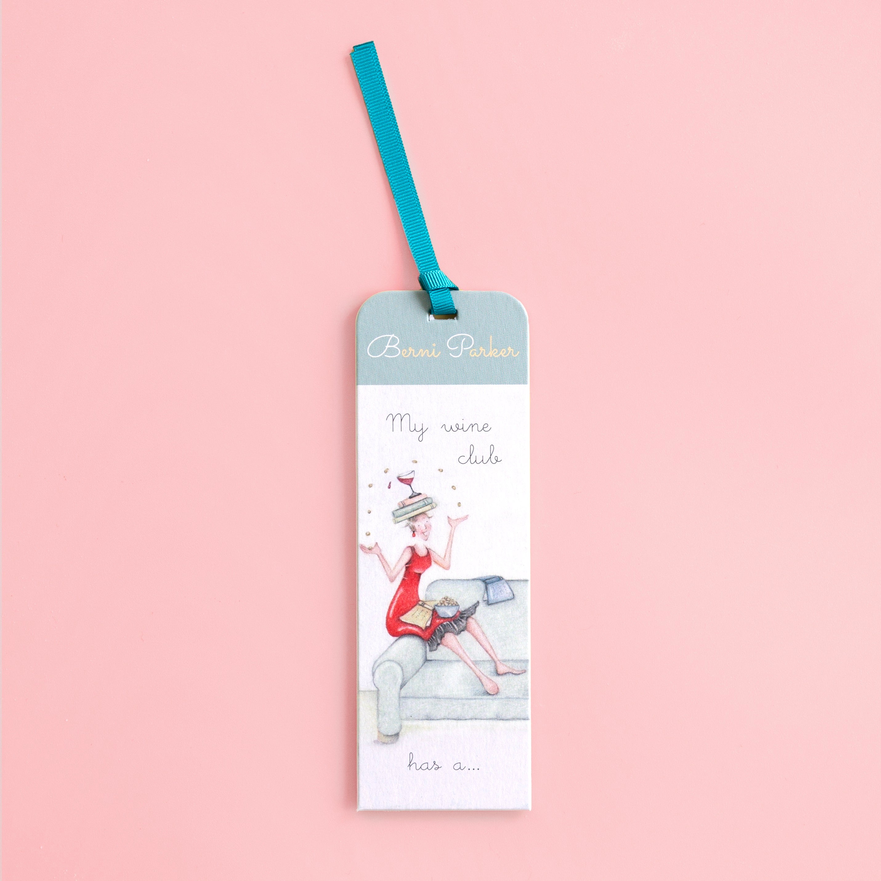 A bookmark with a blue ribbon at the top, with a illustration of a women and text 'My Wine Club'.