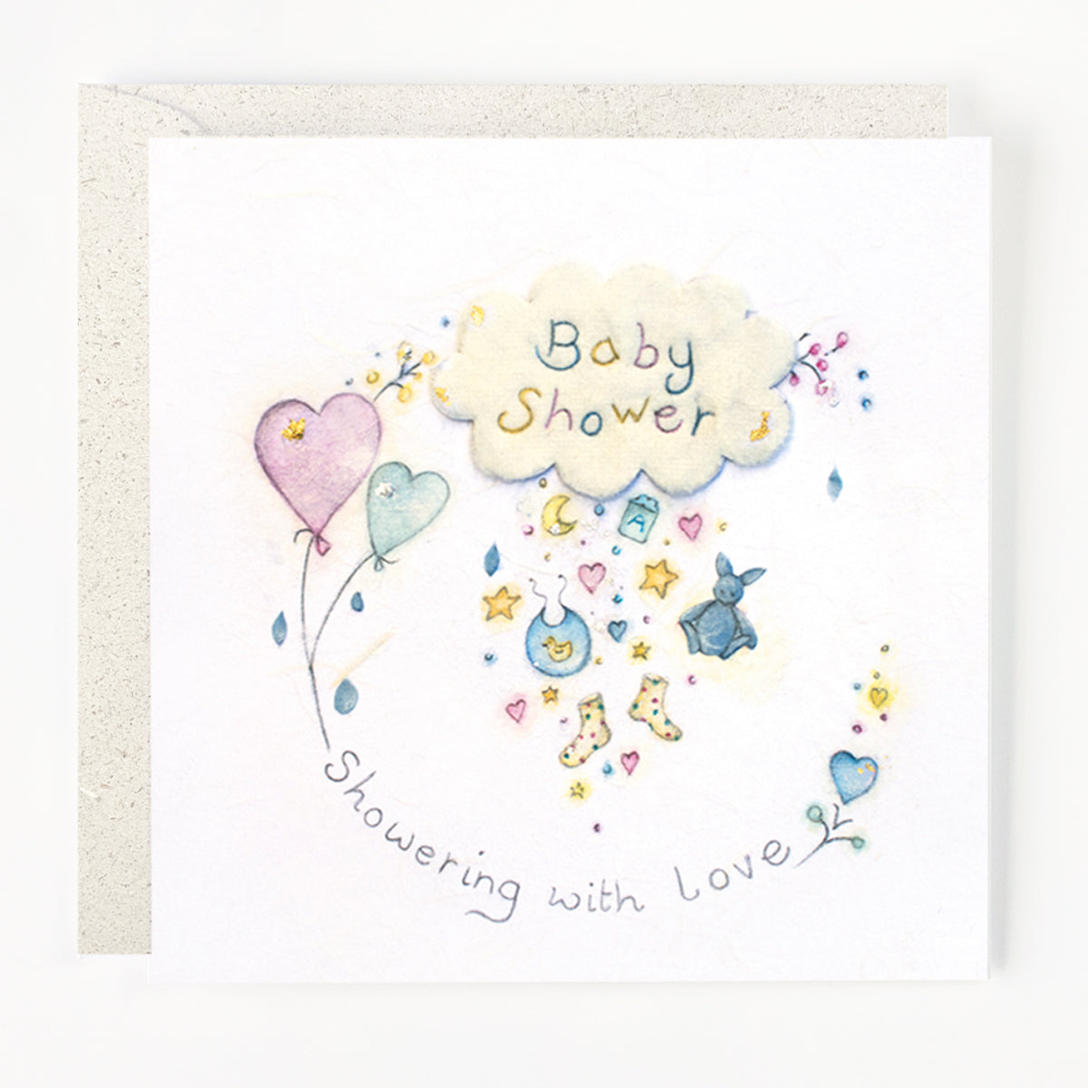 A baby shower greeting card with hand-drawn illustrations of balloons, a cloud, and a bunny, accompanied by the text 'Baby Shower' and 'Showered with love'.