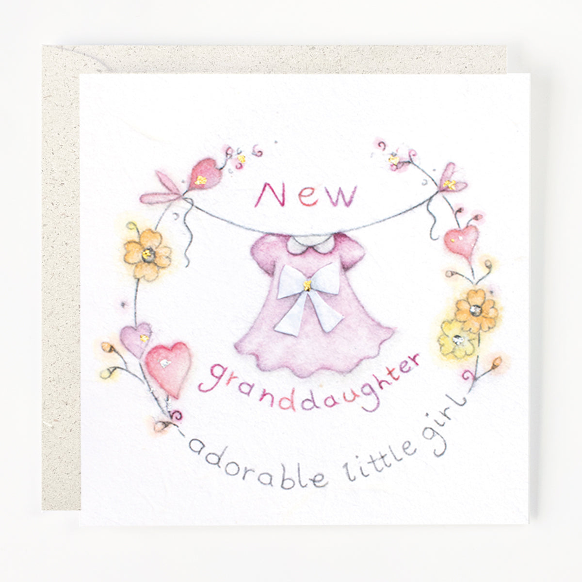 A greeting card with a floral border and the text 'New Granddaughter adorable little girl' featuring illustrations of a dress, hearts, and flowers.