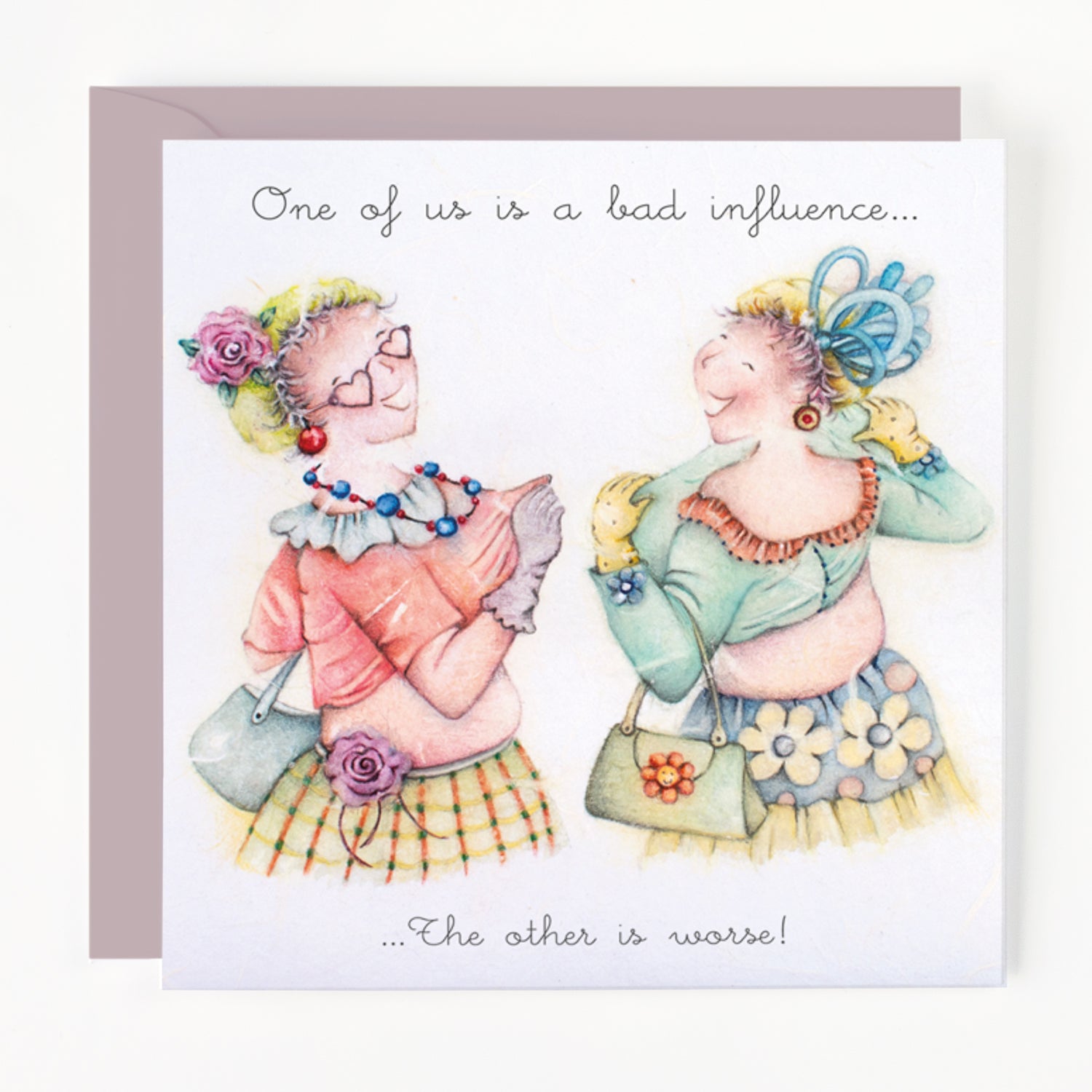 Card with two illustrated women and humorous text on a white background