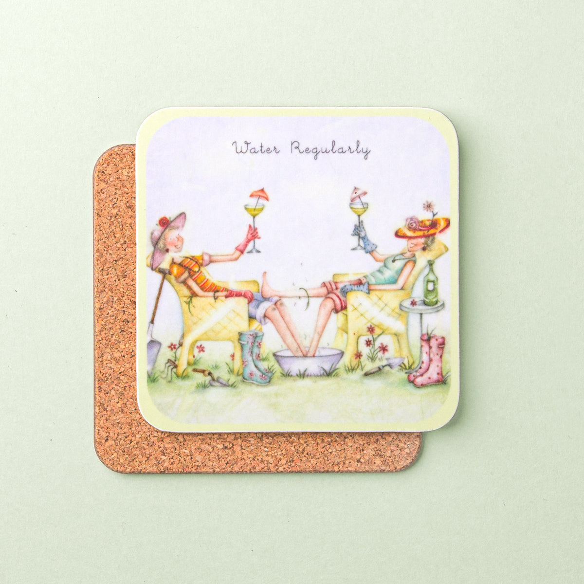 A square coaster with rounded edges featuring an illustration of a tea party scene with the text 'Water Regularly'. The coaster has a cork backing.