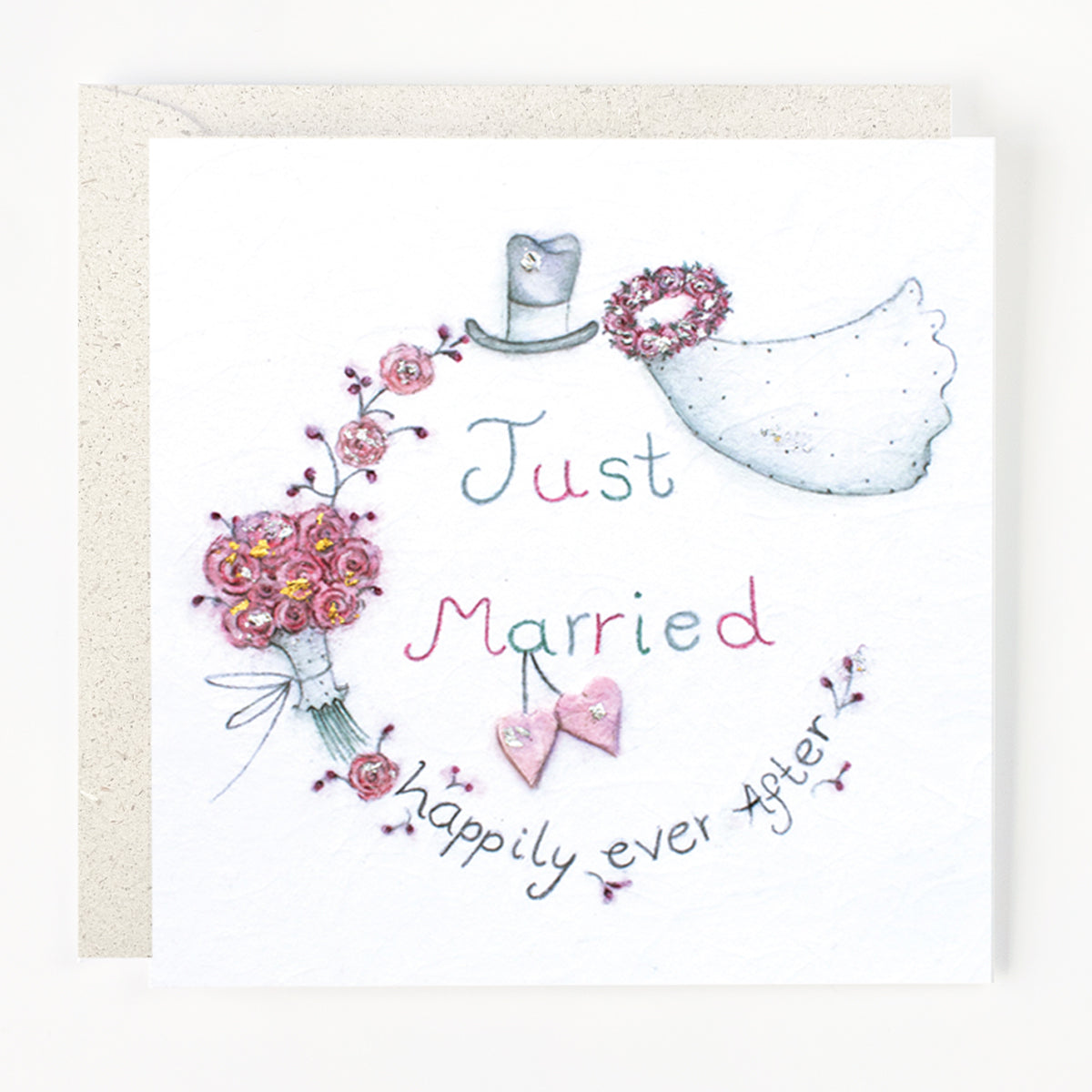 A greeting card with a hand drawn illustration featuring a bride and groom, with text 'Just Married' and 'happily ever after'.