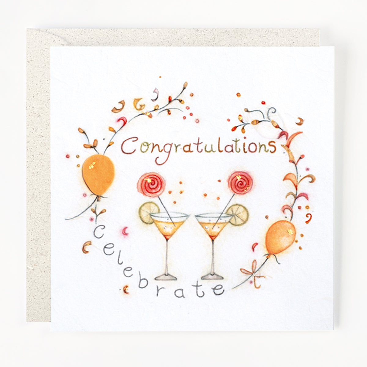 A greeting card with 'Congratulations' written in bold letters, adorned with a decorative border featuring balloons, flowers, and drink glasses.