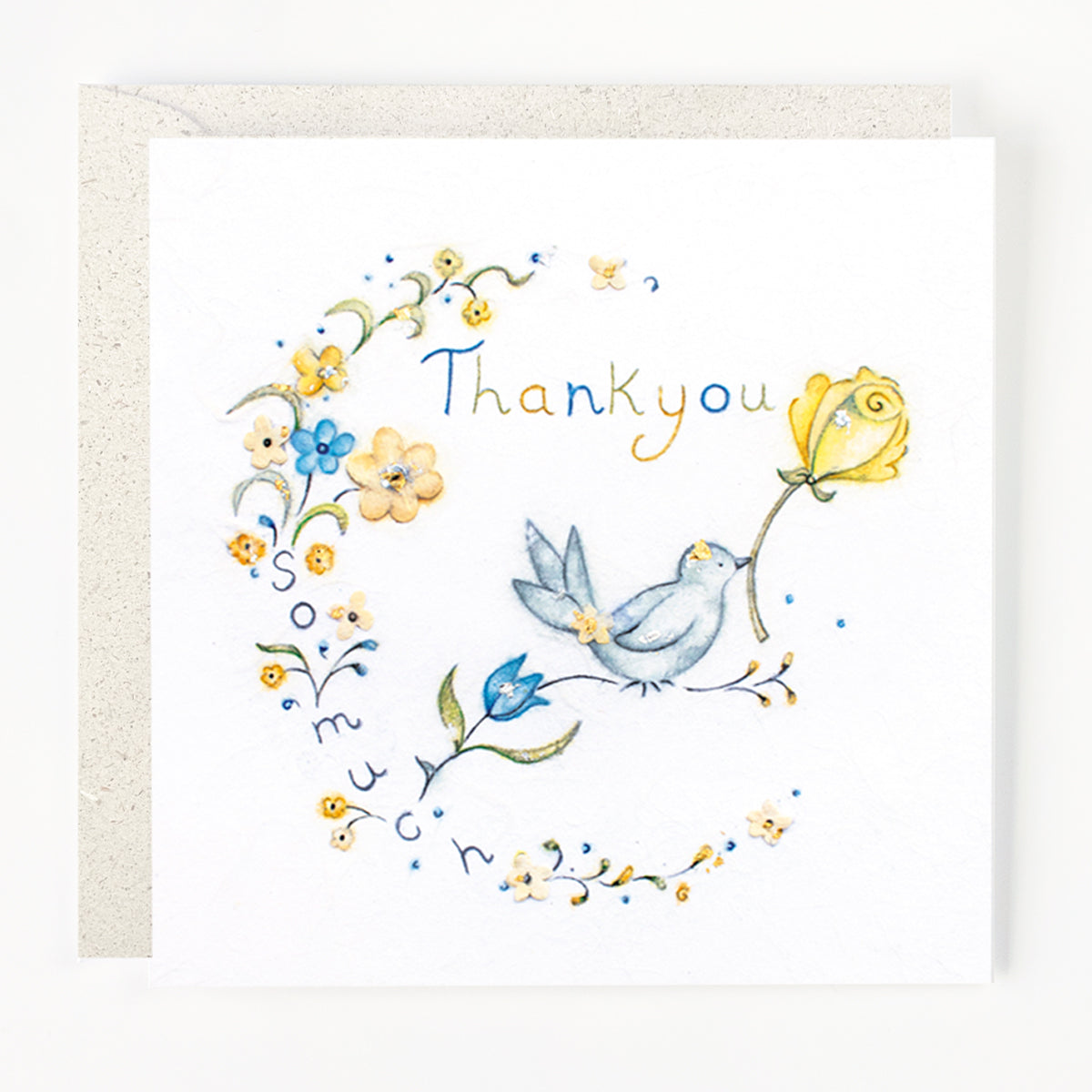A greeting card with a floral design and the text 'Thank you' printed on it, accompanied by a floral pattern and a bird illustration.