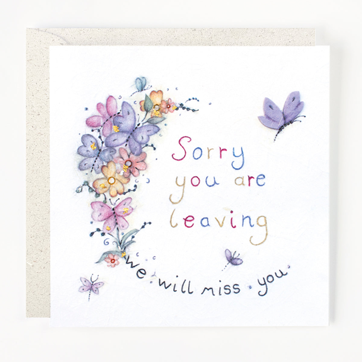 A greeting card with a floral design and the text 'Sorry you are leaving. We will miss you.'