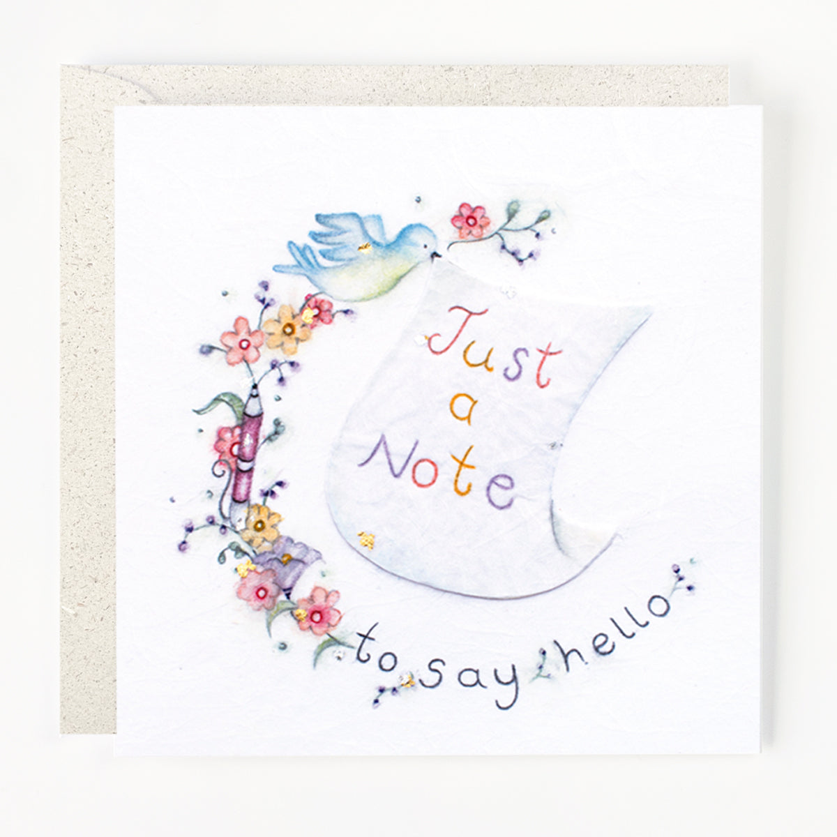 A greeting card with a floral and bird design, featuring the text 'Just a Note to say hello'.