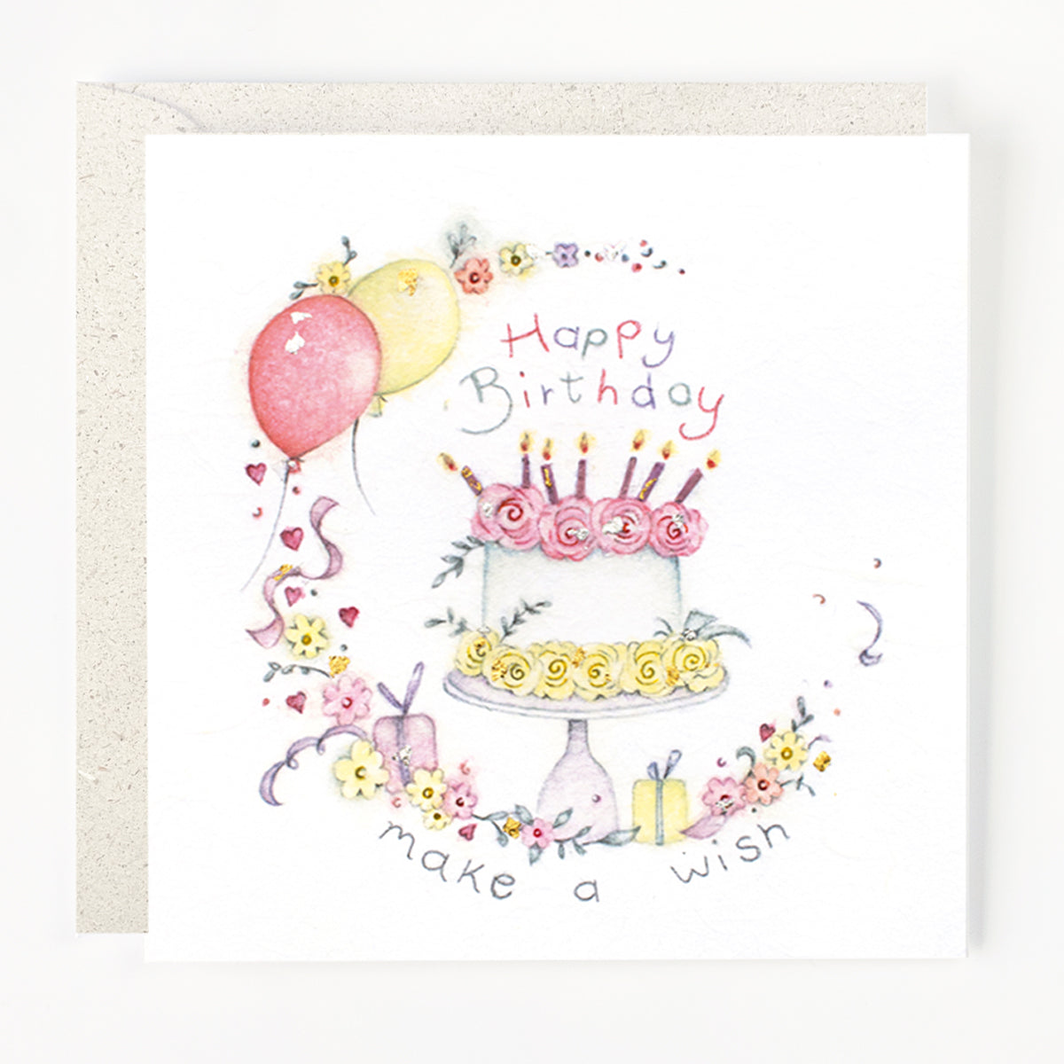 A greeting card with a colorful illustration of a birthday cake, balloons, and the text 'Happy Birthday make a wish'.