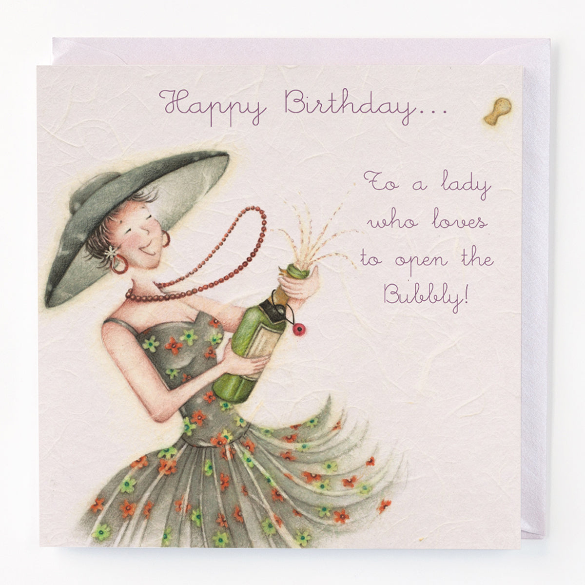 A greeting card with a hand drawn illustration of a woman in a hat holding a champagne bottle, with text that reads 'Happy Birthday to a lady who love to open the Bubbly!'.