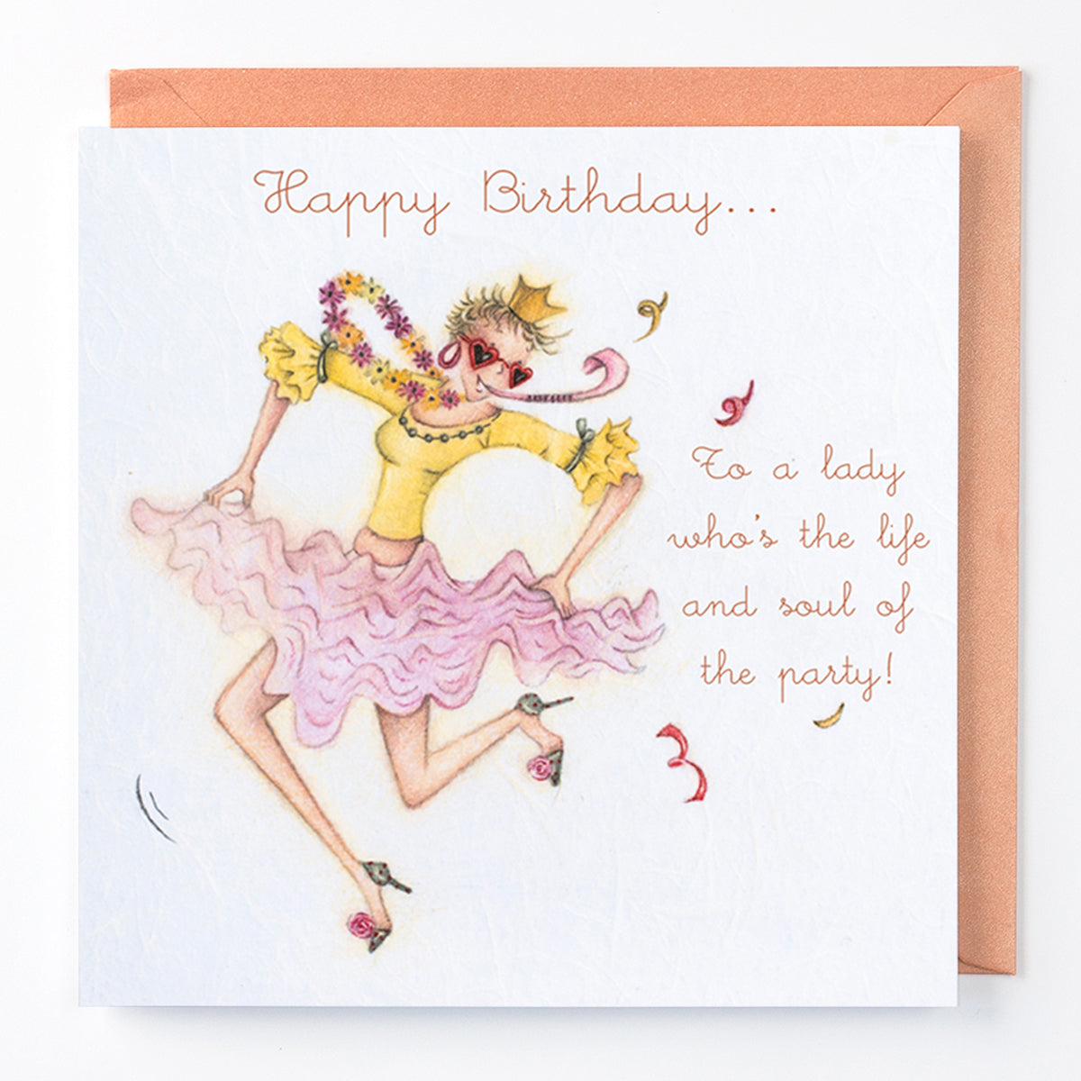 A colourful birthday card with an illustration of a female figure in a party outfit, accompanied by text 'Happy Birthday to a lady who's the life and soul of the party!'.