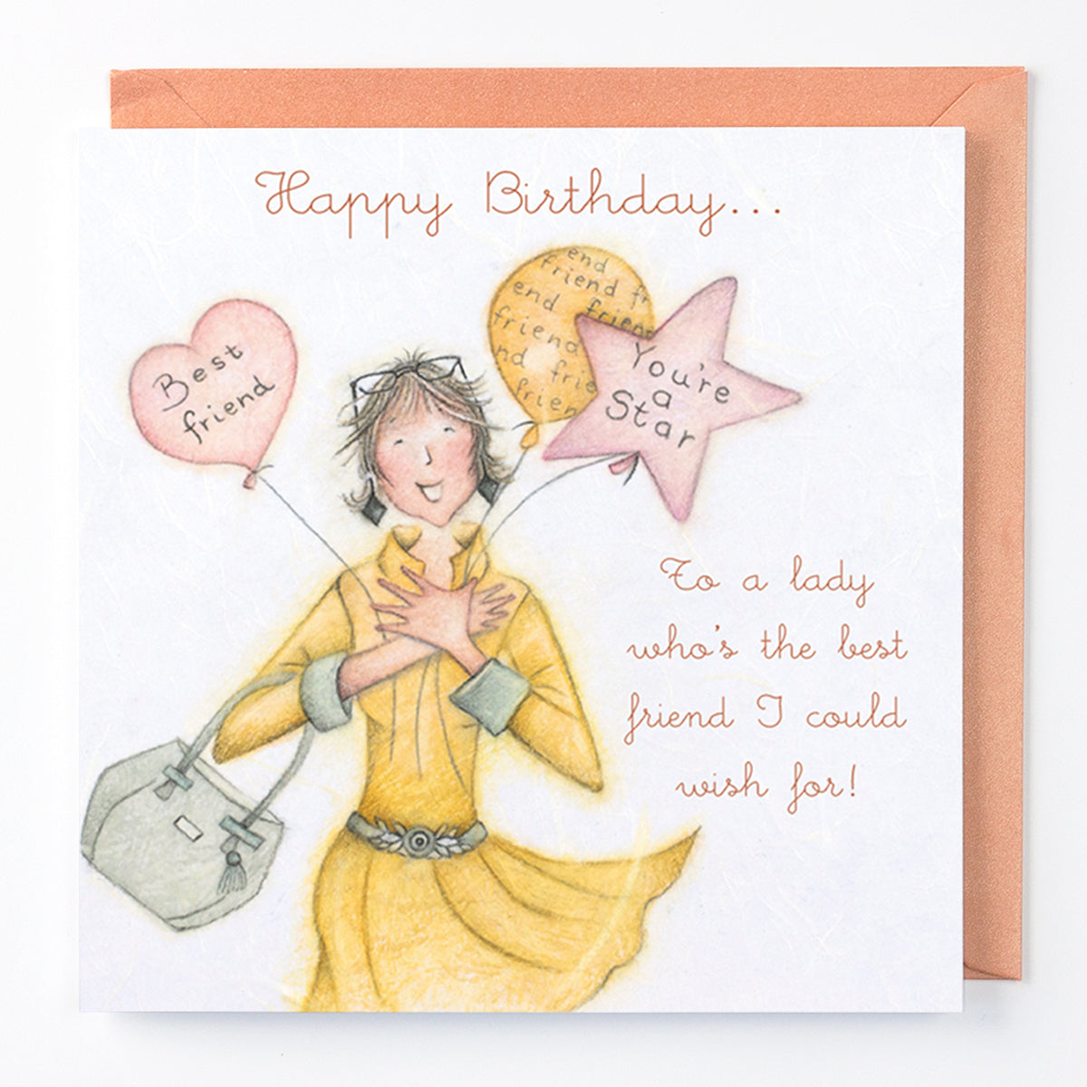 A greeting card with a hand-drawn illustration of a female figure holding a star and a heart-shaped balloon, with text 'Happy Birthday to a lady who's the best friend I could wish for!'.