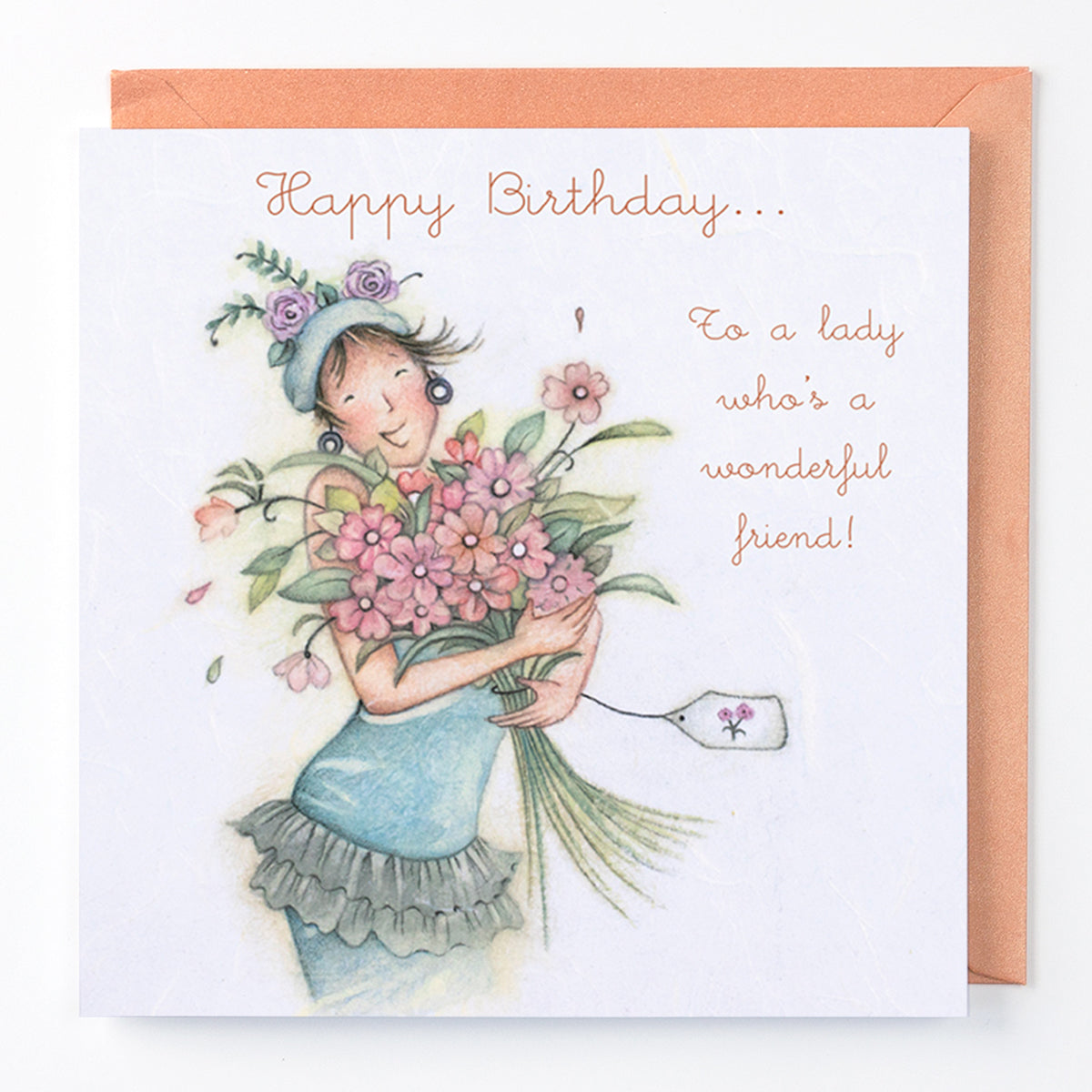 A greeting card with a floral illustration and a birthday message 'Happy Birthday to a lady who's a wonderful friend!'.