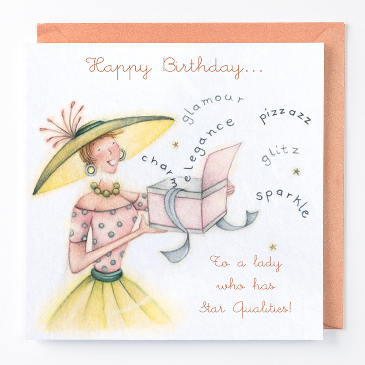Illustrated birthday card with a female figure in a hat holding a gift, surrounded by descriptive words like 'glamour', 'charm', 'elegance', 'pizzazz', and 'sparkle'. The card says 'Happy Birthday to a lady who has Star Qualities!'.