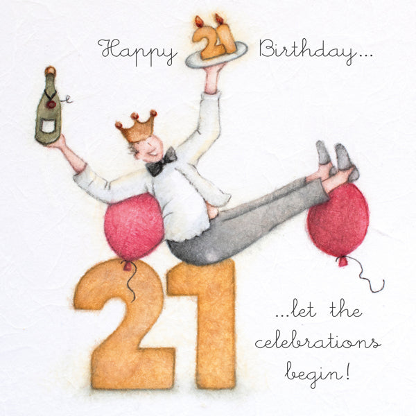 Birthday card with a person celebrating on the number 21, holding a cake and a bottle of champagne.